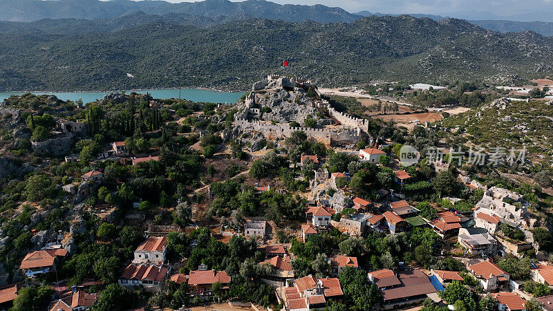 Drone view of Kaleköy, Aerial view of Ucagiz, Rock tomb in Kekova, Antalya, Townscape of Kalekoy-Simena, aerial view of Simena Castle, popular holiday destination, aerial view of sunken city